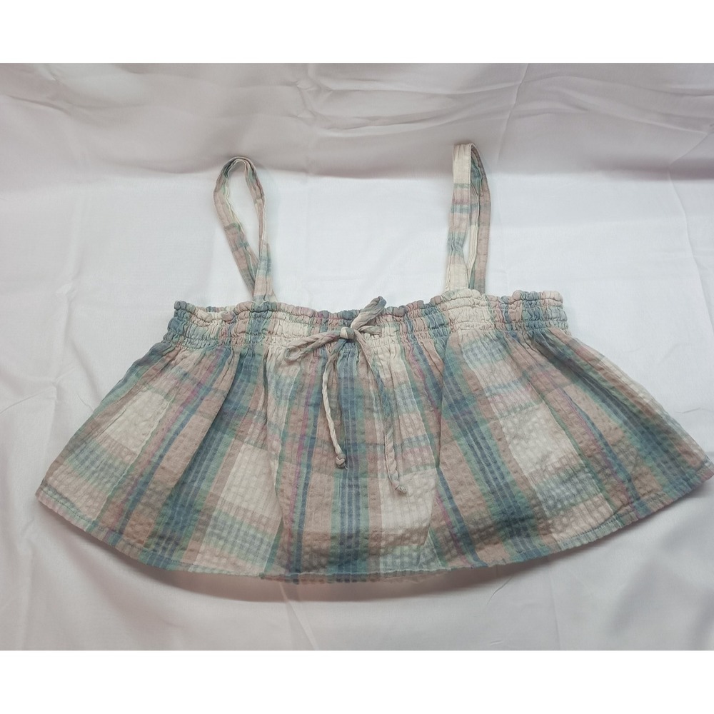 American Eagle Women S Cotton Linen Blend Plaid Tie Front Swing Cami Crop Top